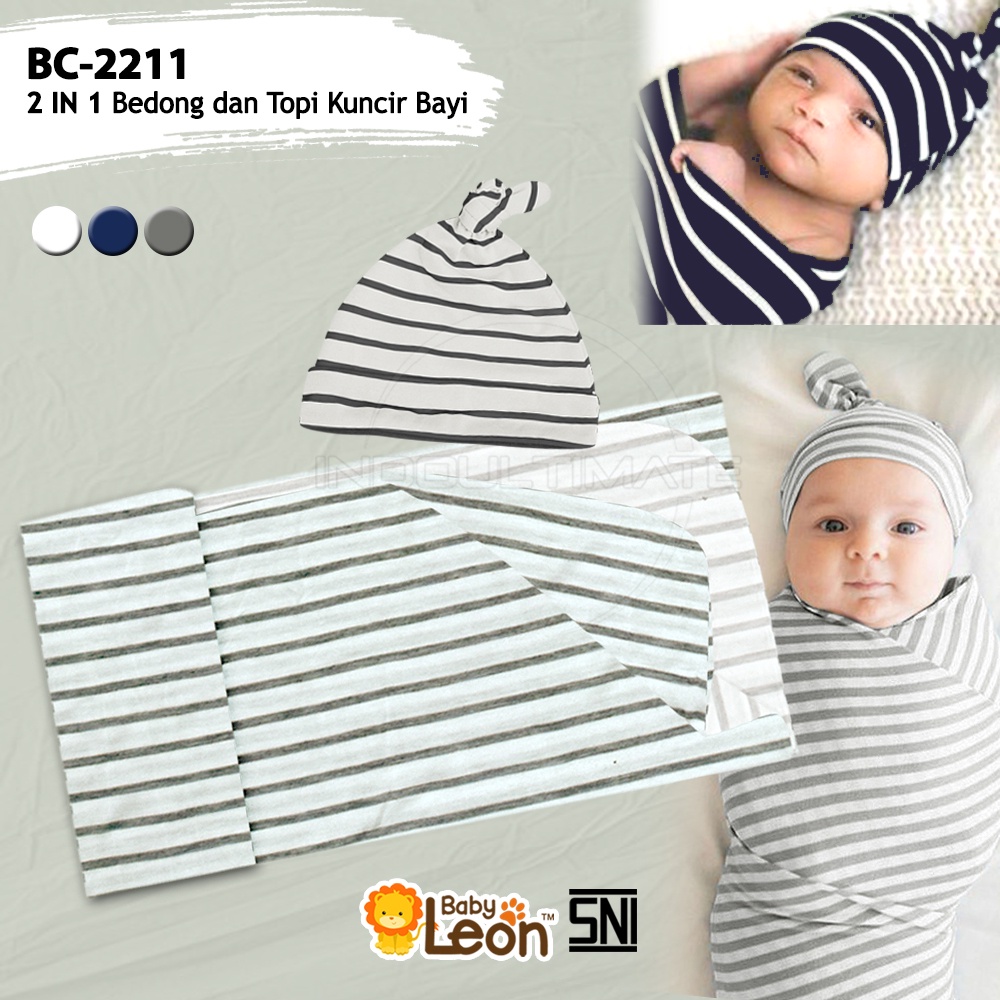 2in1 BABY LEON BC-2211 Bedong Bayi + Topi Kupluk Bayi  Perlengkapan bayi baru lahir Kain Selimut Bayi Kain Bedongan bayi Alas Tidur Bayi Selimut Tidur Bayi Baby Hat Topi Kuncir Bayi Perlengkapan Baby Newborn