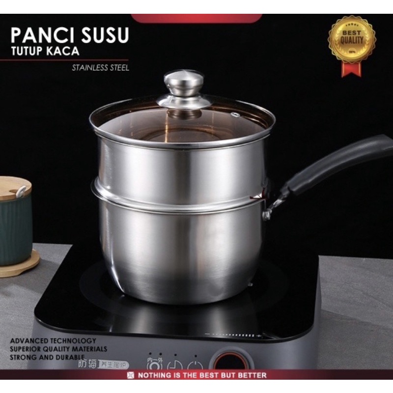 PROMO - PANCI SUSU TINGKAT STEAMER 2IN1 - PANCI KUKUS GAGANG PANJANG BAHAN TEBAL - MILK POT DENGAN TUTUP KACA TEBAL STAINLESS STEEL