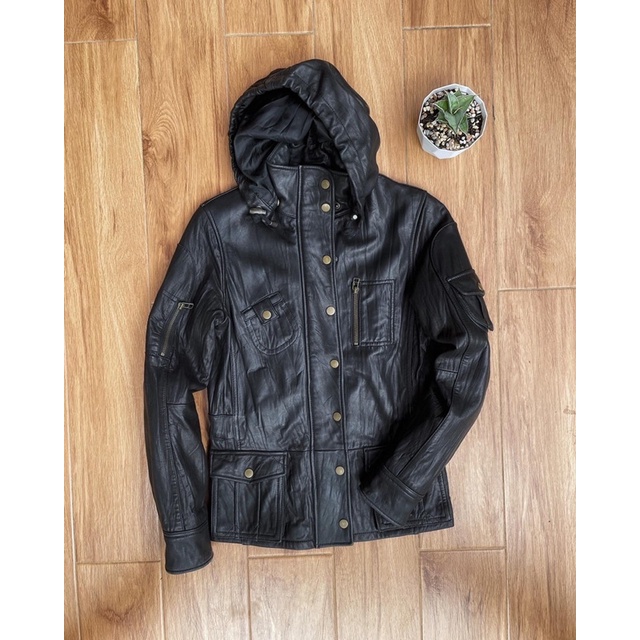 Jaket kulit asli berhoodie pl bekas second preloved