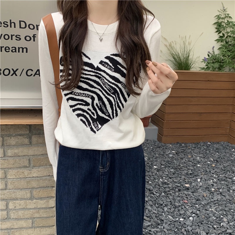 ✸□Suhao awal musim gugur Korea baru leher bulat cinta jacquard pendek rajutan sweater all-match lengan panjang rajutan sweater putih sweater wanita