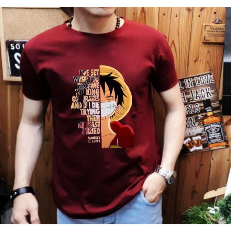 Kaos Distro Pria Dewasa Baju Cowok Anime Monkey D Luffy T-Shirt Pria Atasan lengan Pendek