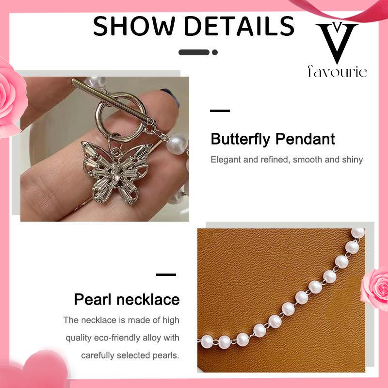 CODFashion Mutiara Manik-manik Kalung Elegan Kupu-kupu Liontin Klavikula Kalung Aksesoris Wanita-FA