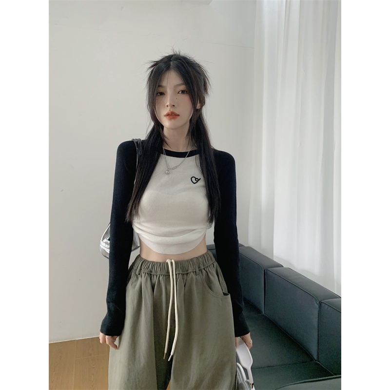 ✉Suhao versi Korea dari rajutan bottoming kemeja wanita musim gugur pendek hot gadis lengan raglan sweater warna kontras slim slim lengan panjang top