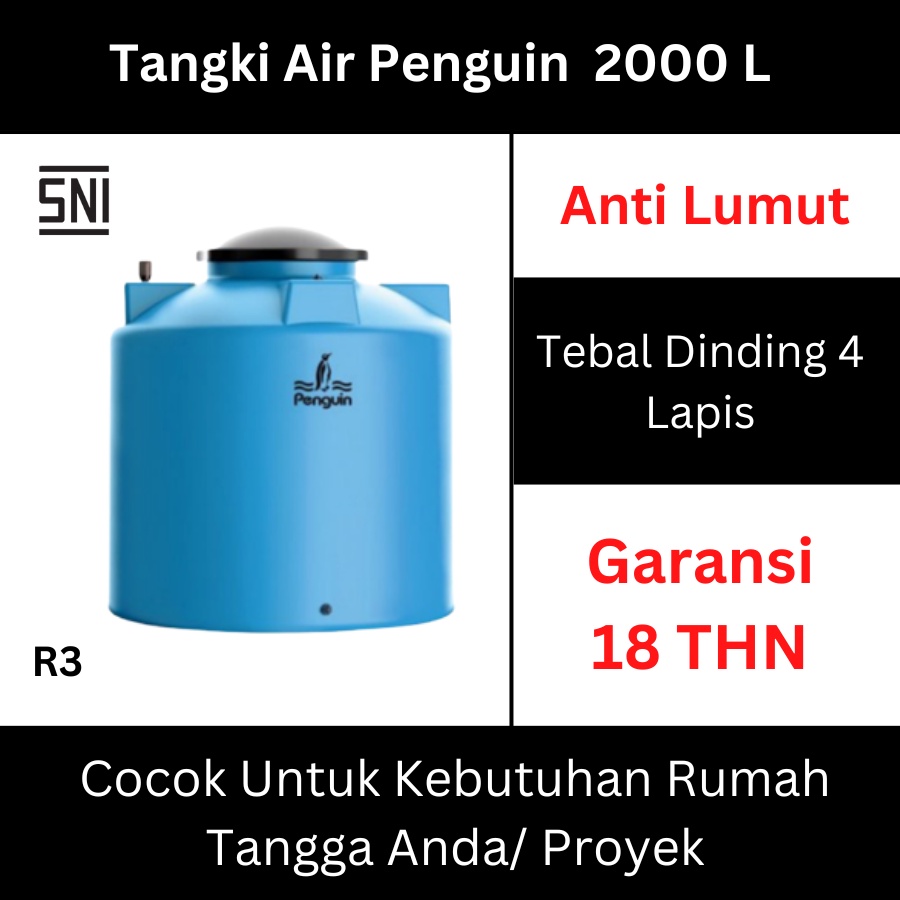 Tandon Tangki Toren Air Plastik Penguin General Tank 2000 Liter R3 Anti Lumut Berkualitas Tandon Tangki Toren Air 2000 Liter