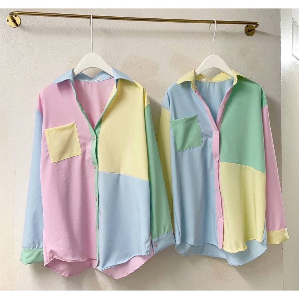 KEMEJA NOK BANGKOK OVERSIZED MOTIF COLOR BLOCK FASHION WANITA IMPORT BANGKOK