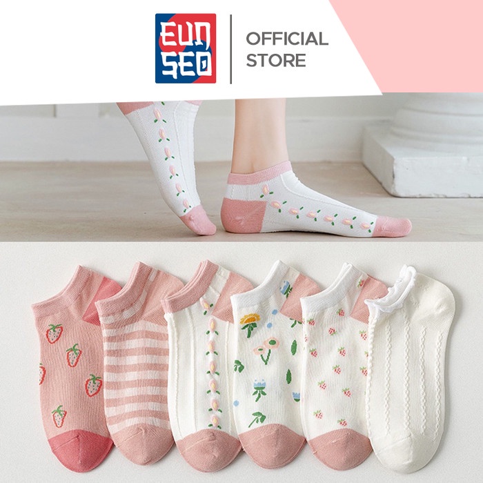 EUNSEO Kaos Kaki Mata Kaki Wanita - Fashion Korea Motif Putih Pink Soft