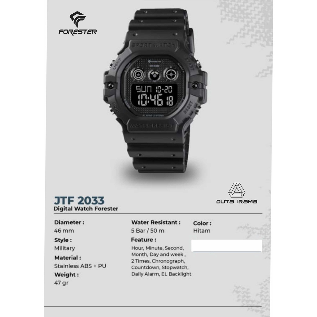 Jam Tangan Digital Forester JTF 2033 - Stainless Case, Silicon Band, LED Backlight