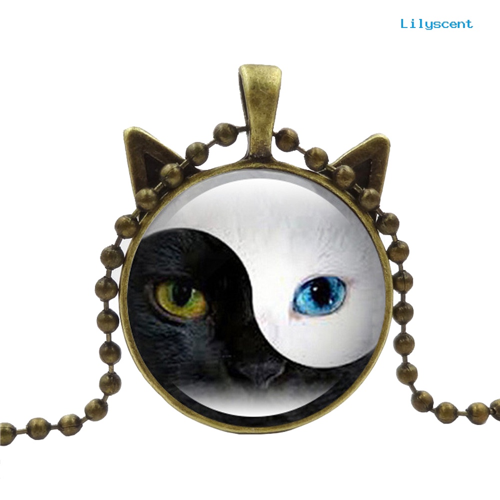 [LS] Wanita Tai Chi Yin Yang Kucing Kaca Liontin Kalung Rantai Perhiasan Hadiah