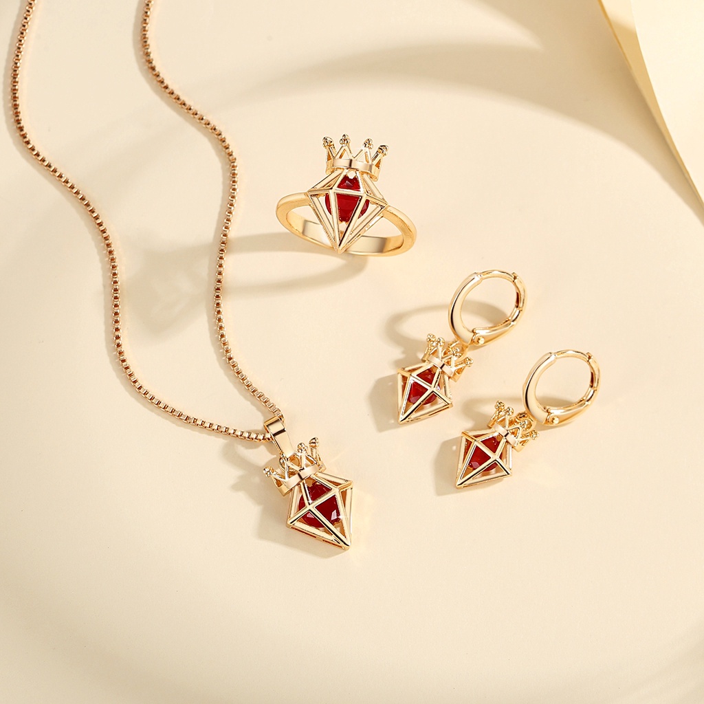 Y903 【Barang spot】Set Perhiasan Wanita Titanium Anti Karat Emas 18k Anting Cincin Kalung Berlian Permata Aksesoris Wanita Murah