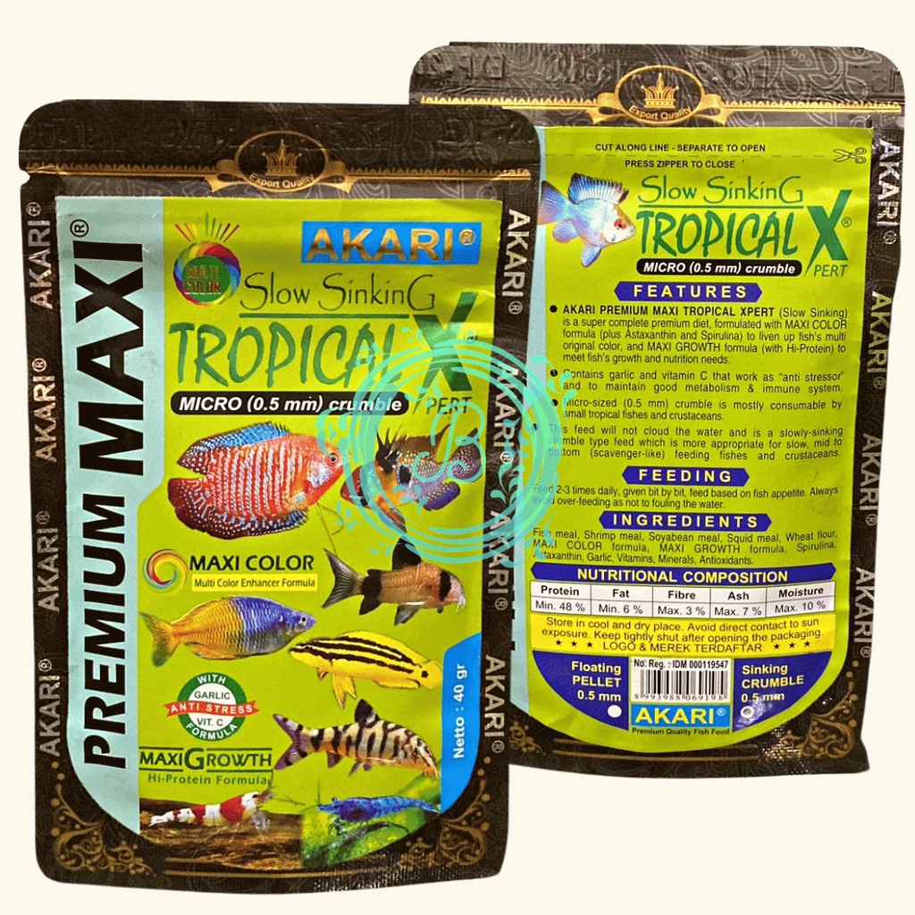 Akari Premium Maxi Tropical Xpert Micro Pellet 0.5mm Slow Sinking 40gr Pelet Pakan Ikan Tropis 40 Gram