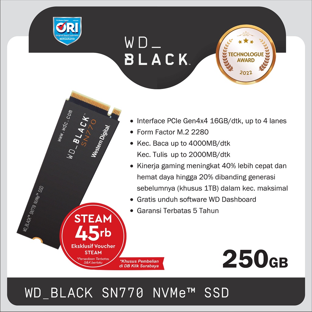 SSD WD Black SN770 250GB M.2 NVMe PCIe Gen4 x4 - WD BLACK SN 770 250GB