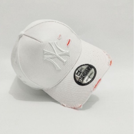 Topi NY Putih/White RIPPED/Robek - Hat Damage Unisex High Quality