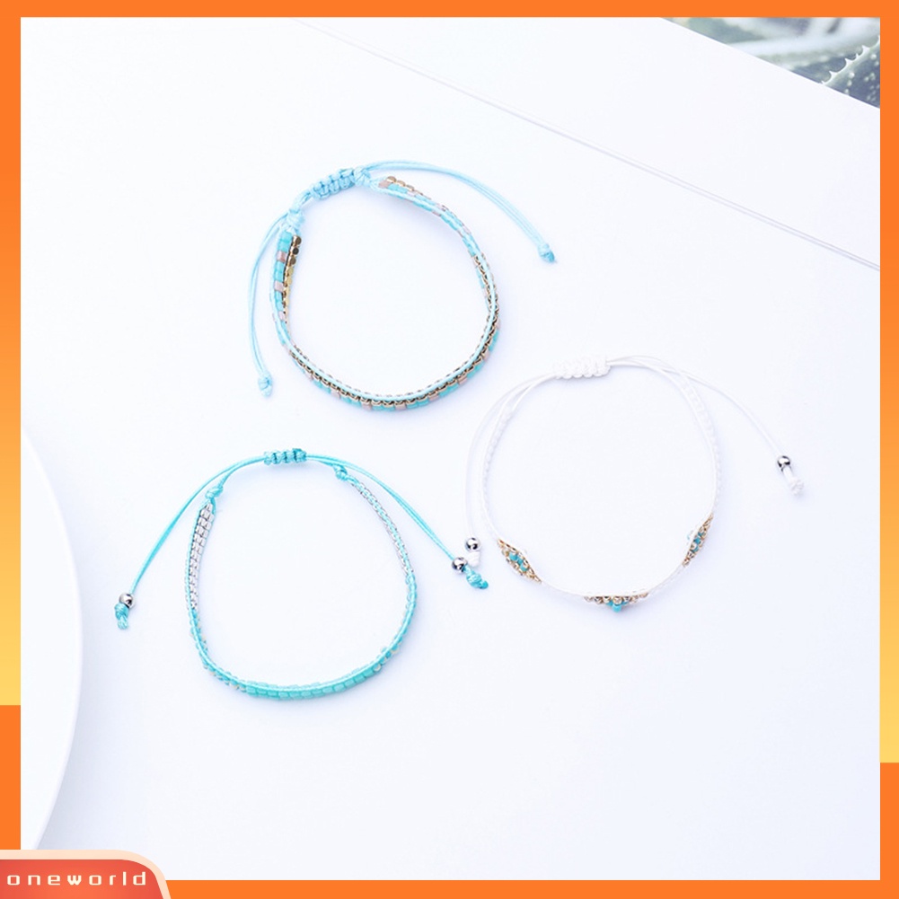 [WONE] 3pcs/set Boho Wanita Cube Manik-Manik Tali Lilin Anyaman Gelang Pantai Perhiasan Hadiah