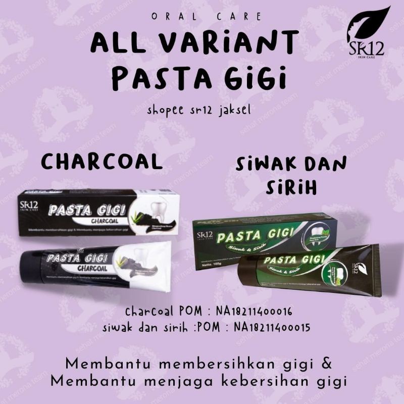 PASTA GIGI CHARCOAL SR12 / PASTA GIGI SIWAK DAUN SIRIH / PEMUTIH GIGI / MENCEGAH BAU MULUT / PENYEGAR MULUT