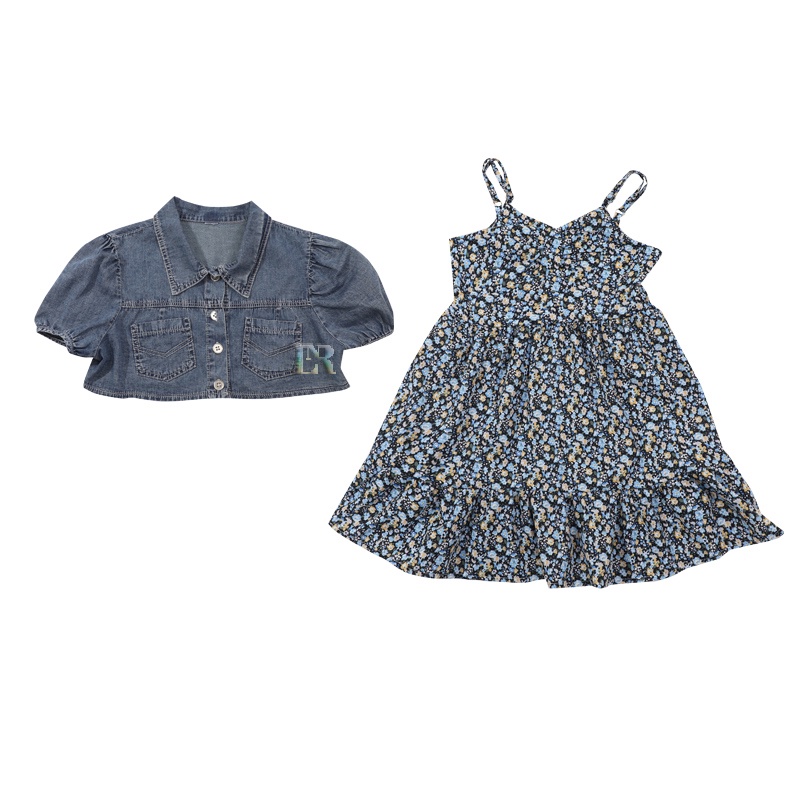 LNR Shop 2 in 1 Jaket Denim + Setelan Dress Bermotif Bunga Untuk Anak Perempuan Dua Potong Terpisah Baju Liburan Jalan Jalan Travelling Hari Raya Musim Panas Baju Pantai Kenakan Sesuka !