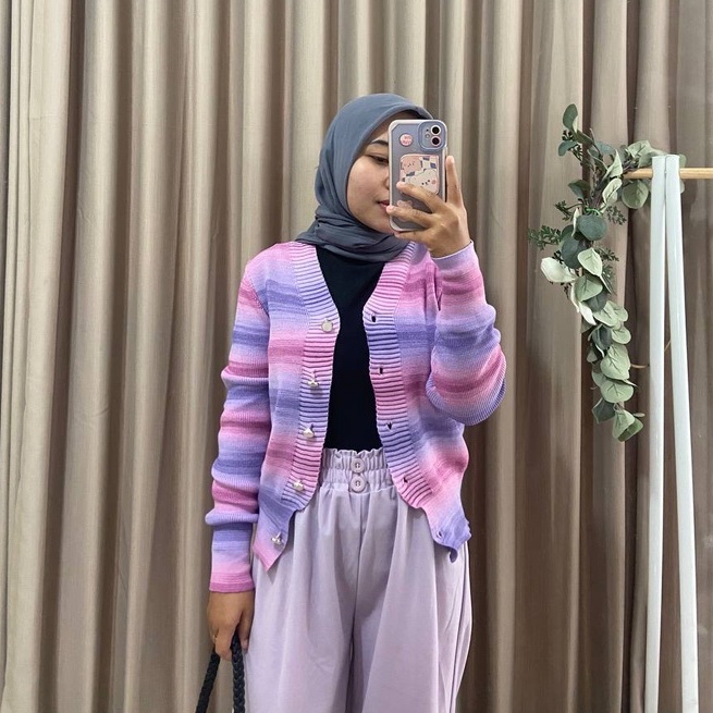 Cardigan Kancing Rajut Wanita Stripe Casual Outer Terbaru