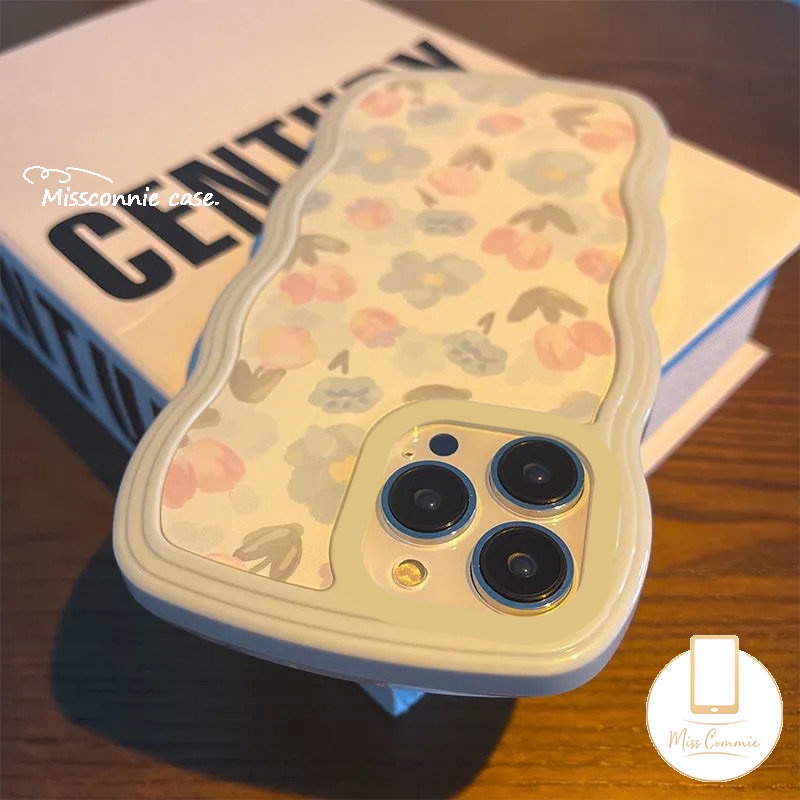 Casing Tepi Gelombang Baru Kompatibel Untuk iPhone 11 Pro MAX 7Plus 8Plus XR 6s 6 7 8 Plus 12 13 14 Pro MAX 14 Plus X XS MAX SE 2020segar Cat Air Biru Ungu Bunga Sarung Silikon Lembut