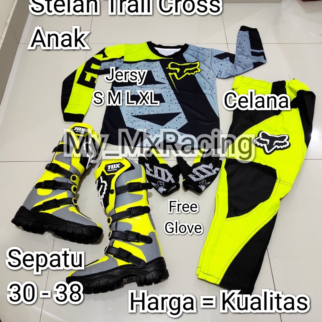 sepatu trail cross anak fullset jersey baju cross trail anak celana anak cocok usia 4 - 12thn ,bonus sarung tangan terlaris printing jerset anak stelan ke gunung offroad kode 015 bisa bayar di tempat