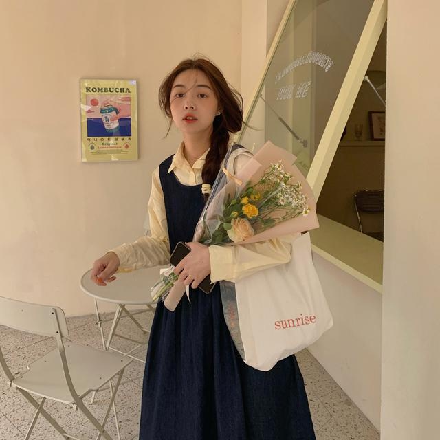 Suhao setelan dua potong wanita gaya Korea kembali splicing segar dasi denim tanpa lengan rompi gaun keju kemeja kuning