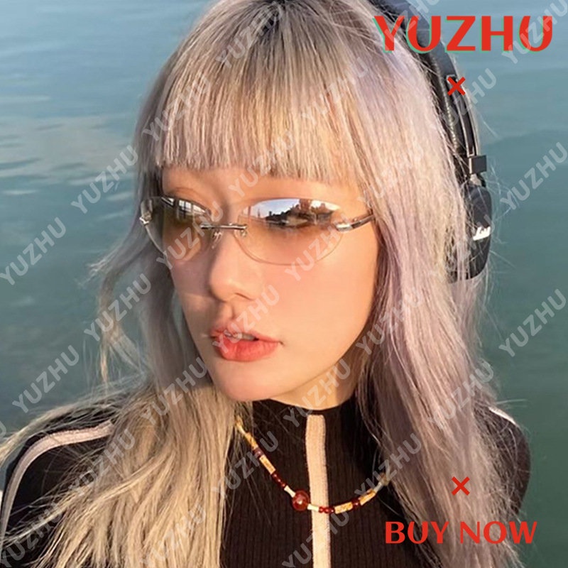 (YUZHU) Y2k Gaya Logam Tanpa Bingkai Oval Kacamata INS Gaya Futuristik Tech Style Babes Sunglasses