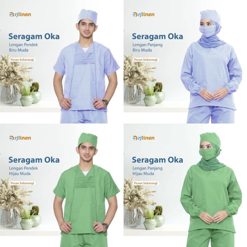 RJLINEN Baju Seragam OKA Perawat Suster Petugas Klinik Bidan Rumah Sakit Scrub Medis OK Lengan Pendek Panjang Unisex