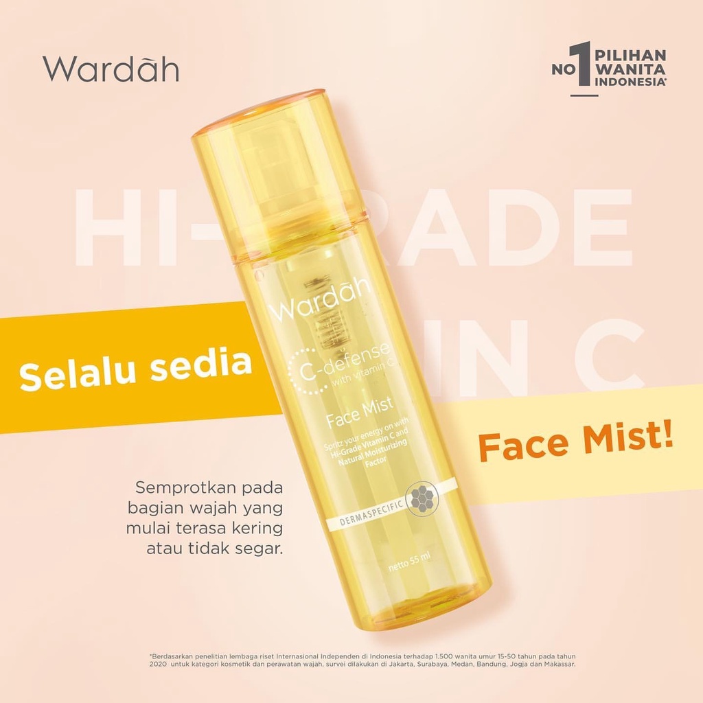 WARDAH C-Defense Face Mist Indonesia / Penyegar Wajah 55ml / Spritz Your Energy On With Hi-Grade Vitamin C And Natural Moisturizing Factor / Skincare Care Series / Pelembab / Energizing Creamy Wash Whip Foam Serum DD Cream Sleeping Mask Mousse Moisturizer