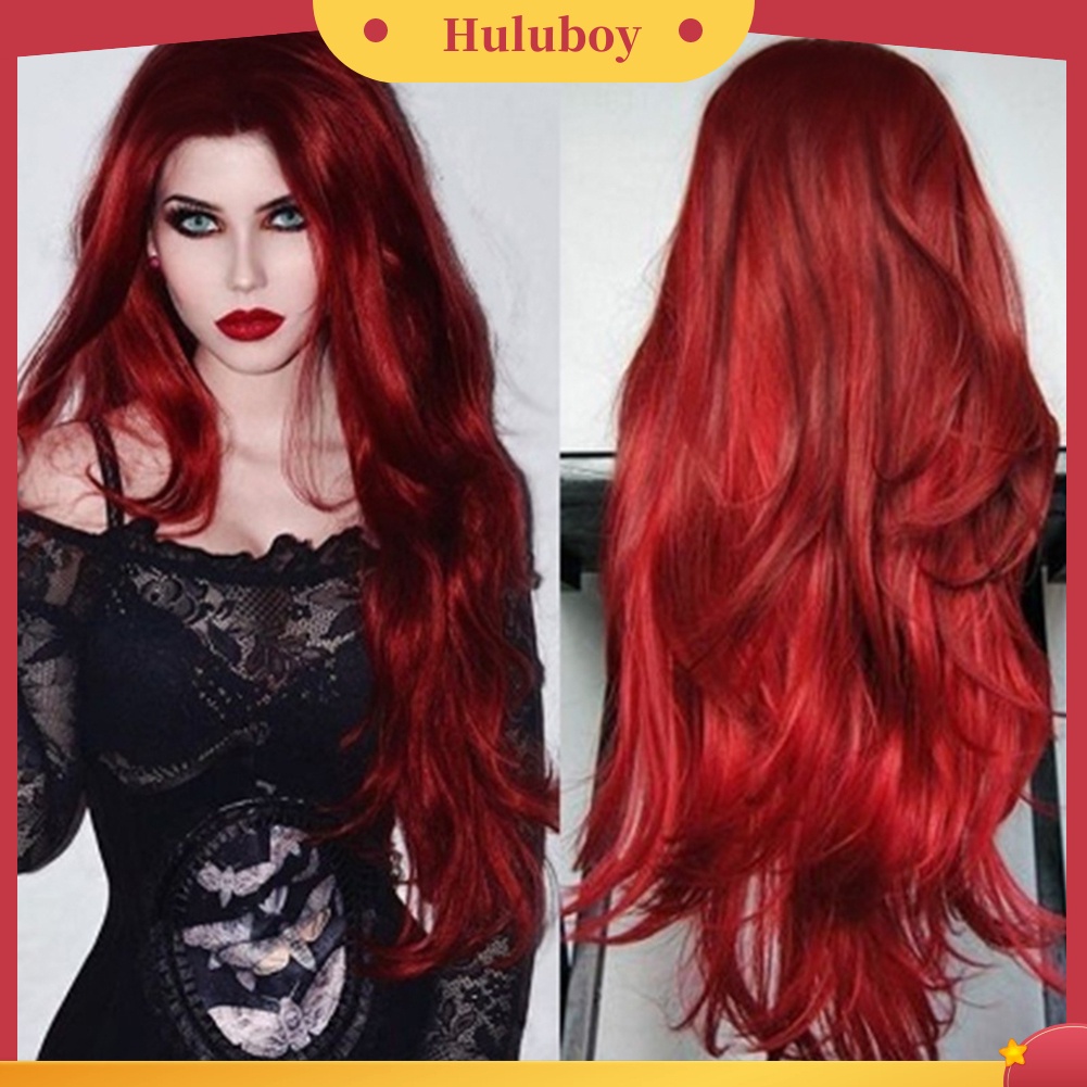 Wig Rambut Panjang Keriting Bahan Serat Suhu Tinggi Warna Wine Red Untuk Wanita