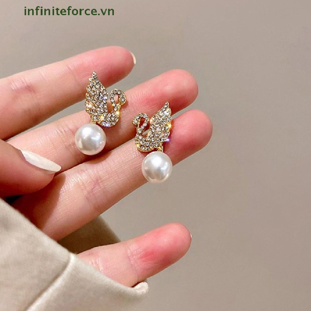 [INVN] 1pasang Imitasi Mutiara Swan Berlian Imitasi Ear Studs Perhiasan Wanita Anting Fashion Pesta Aksesoris Hadiah [VN]