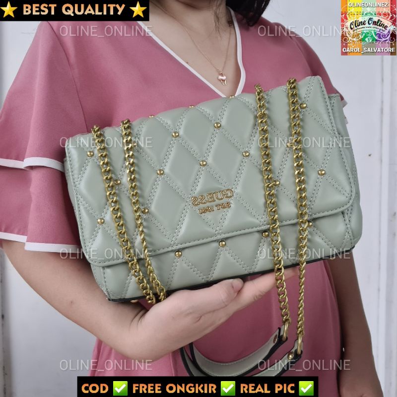 1814-1818(WODB) tas wanita triana studded diamond motif 5 color winter collection sage green white pink crystal blue black gb gs quilted shoulder and sling bag two way paku paku mote besi gold convertible bag