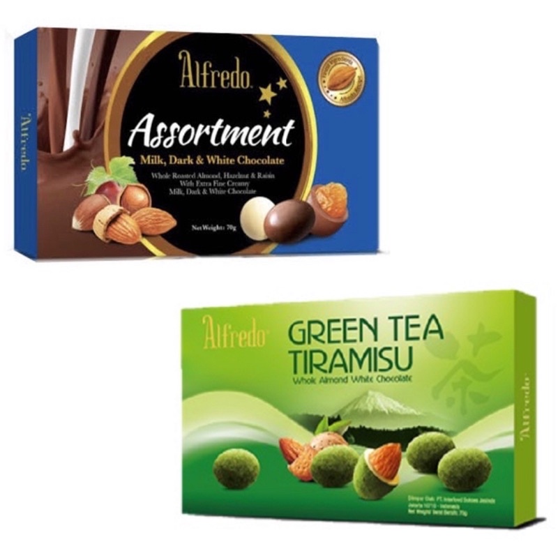 

Alfredo Green Tea Tiramisu Chocolate 70gr / Alfredo Assortment Tiramisu Chocolate 70gr / Cokelat / Coklat / Alfredo / Green / Tea / greentea / matcha / Assortment / Tiramisu / Chocolate / 70gr / Milk / dark / white / isi / almond