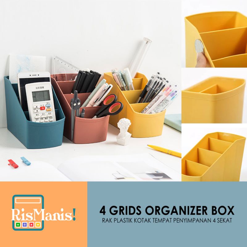 4 GRIDS ORGANIZER BOX - Rak Plastik 4 Sekat Kotak Tempat Penyimpanan Serbaguna Keranjang ATK Storage Meja Kerja Alat Tulis Peralatan Makeup Rias Perlengkapan Mandi Remote TV AC