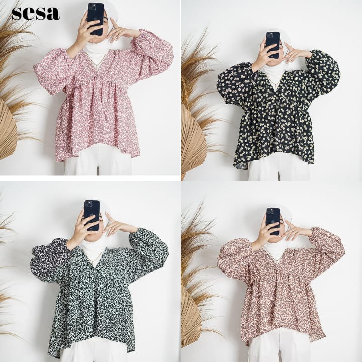 Tq88indonesia Fashion  Baju Atasan Wanita Terbaru / FLOWY BLOUSE VINTAGE KOREAN STYLE / OLLA BLOUSE / Blus Casual Floral / Ootd Kasual