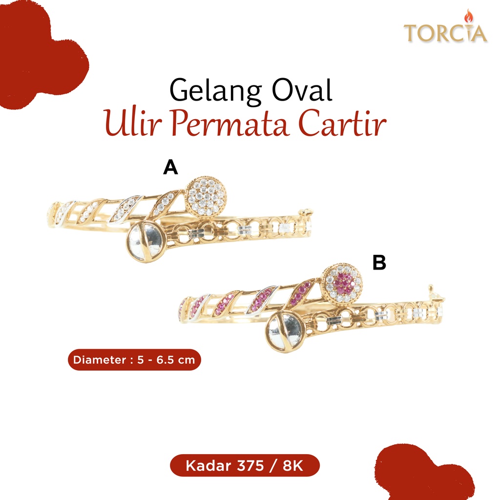 Gelang Oval Emas Asli Ulir Permata Kartir Kadar 375 Torcia