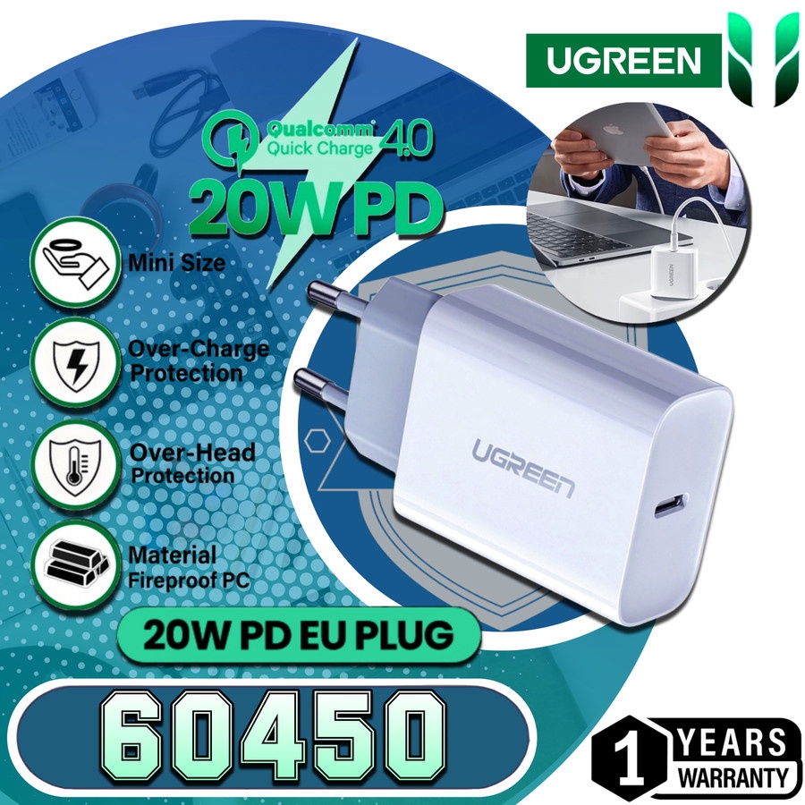 UGREEN 60450 20W USB TYPE C PD QC 4.0 Fast Charging Charger Adaptor Garansi Resmi 1 Tahun - Batok Ke