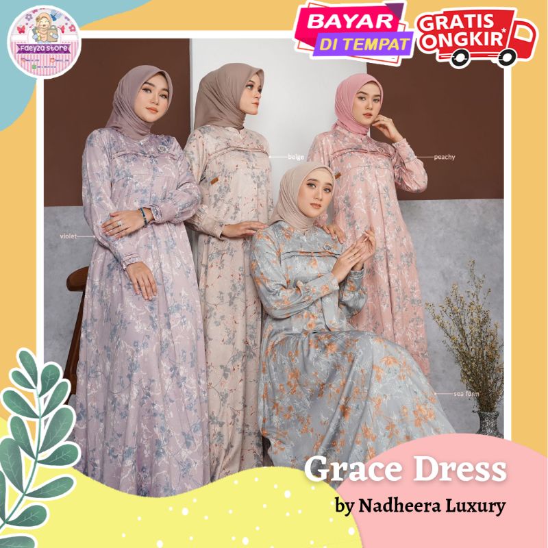 Grace Dress Pattern ORI by Nadheera Luxury Gamis Terbaru Rayon Silk Emboss Premium Busui Jumbo XXL D
