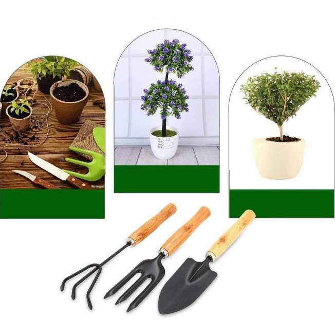 3pcs Gardening Tool Wooden Handle - 3pc Peralatan Berkebun Gagang Kayu