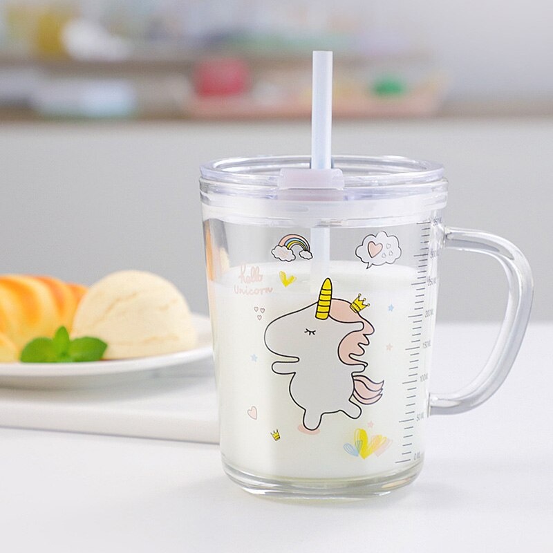 Gelas Mug Anak Kaca Bening dengan Gagang dan Tutup Anti Bocor 400ml/Gelas Mug Gelas tumbler Lucu GRATIS SEDOTAN