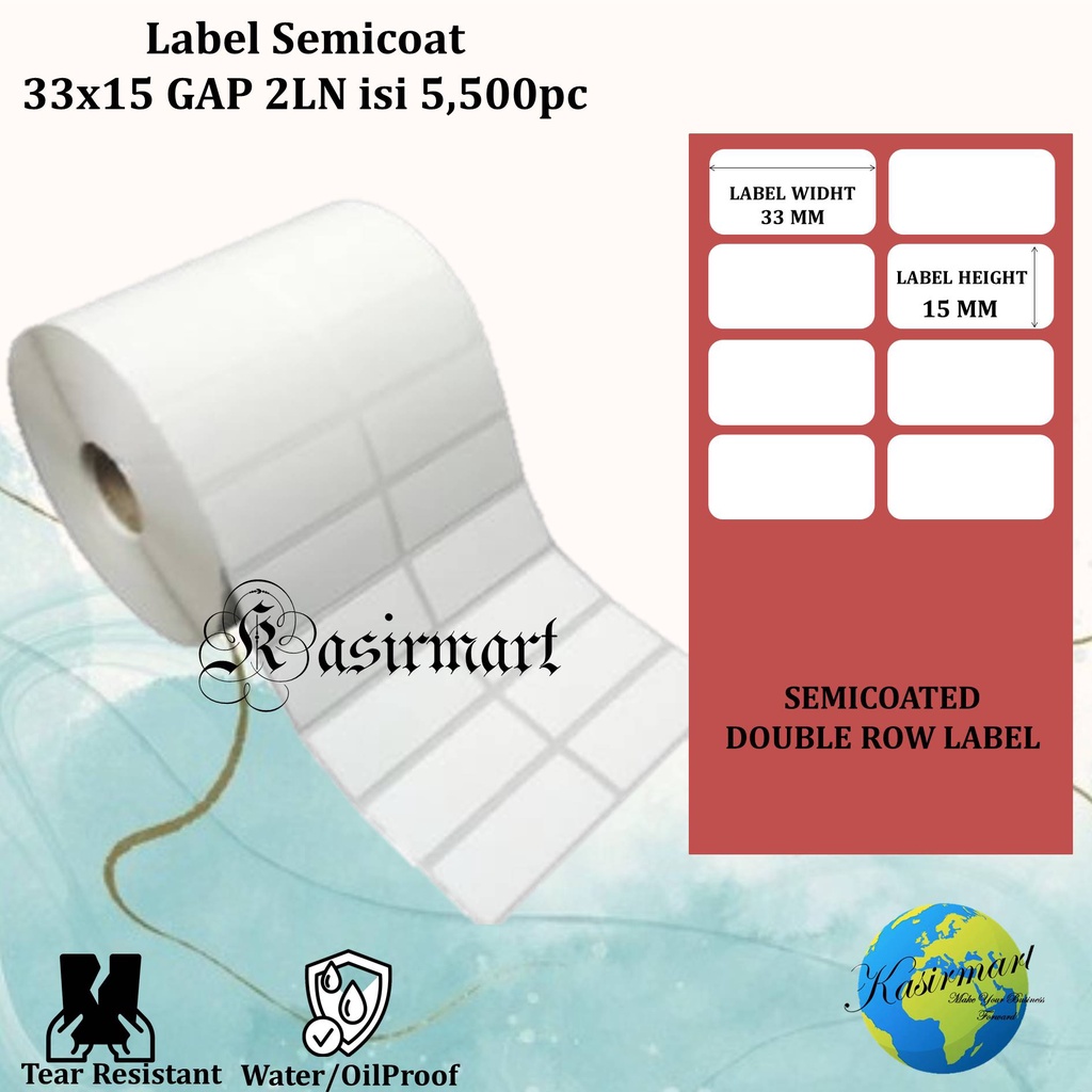 Semicoat 33x15 GAP 2 Line Baris isi 5500 Core 1&quot; Label Stiker Harga Barang Ribbon Wax Printer CP2140 OS214 C168 CG408TT