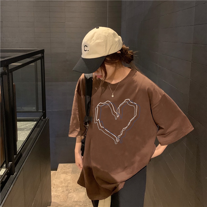 XIAOZHAINV Kaos Atasan Wanita Heart Pattern Lengan Pendek Cokelat 0076