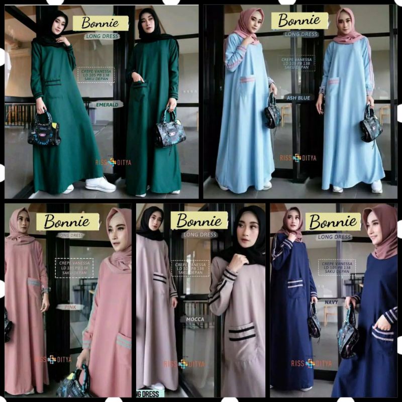 Bonnie - Bisa COD Baju Gamis Wanita Long Dress Maxy Maxi Panjang Kekinian Saku Kantong Depan Kombina