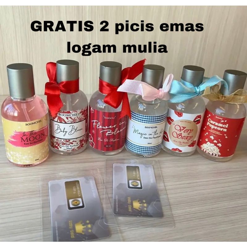parfum viral boomcel 100rb dpt 6 parfum promo free 2 keping emas logamulia langsung tanpa diundiV✨
