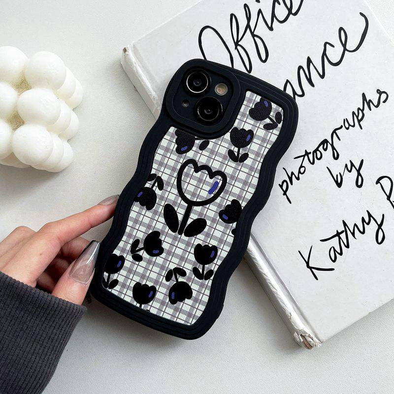 Houndstooth Flower Wave Soft Case OPPO Reno 5 6 7Z 8 A9 A5 A53 A33 A31 2020 A15 A15S A35 2021 A36 A76 A96 A57 A77 2022 F11 A83 A3S Realme C1 A7 A5S A12 A11K A55 A56 A55S 5G Black Casing