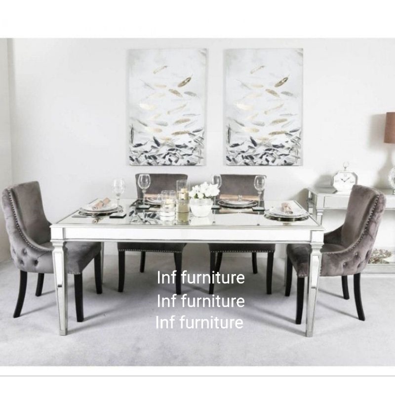 meja makan mewah tipe kaca cermin kursi makan mewah bahan bludru premium