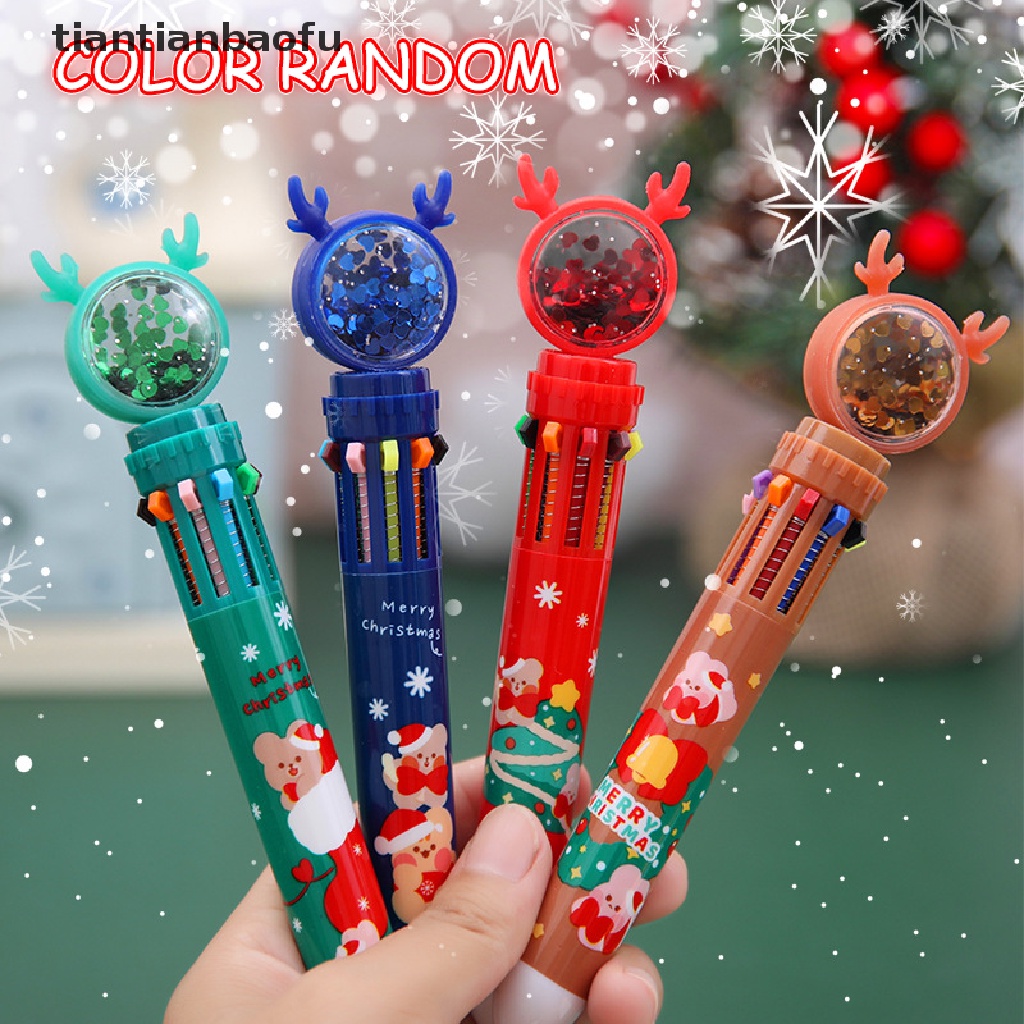 [tiantianbaofu] Kartun Warna-Warni Pena Santa Claus Xmas Pohon Natal Elk Sepuluh Warna Bola Pen Wrig Alat Kantor Sekolah Supply Merry Christmas Hadiah Butik