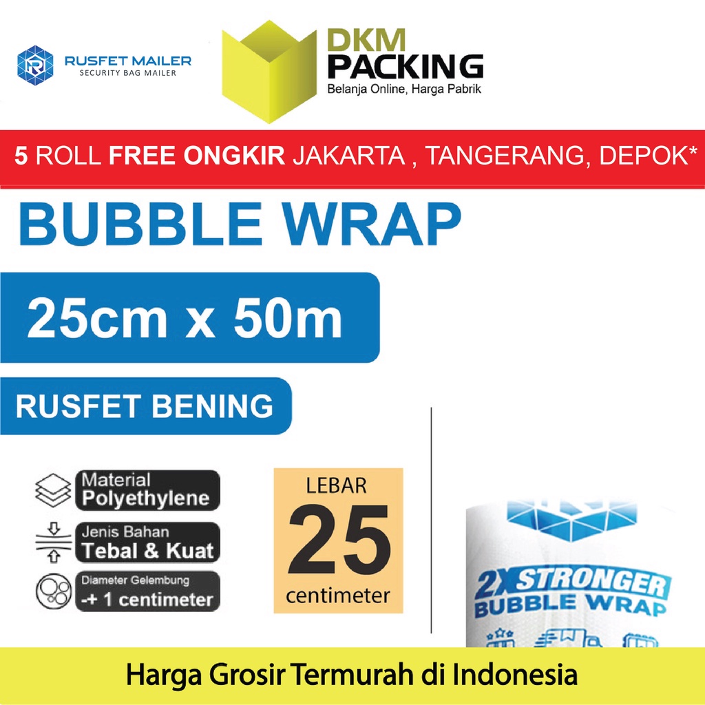

Plastik Bubble Wrap RUSFET BENING 25CM x 50M TEBAL Bubblewrap ROLL