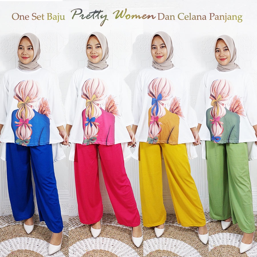 ONE SET PRETTY WOMEN OVERSIZE BAJU DAN CELANA PANJANG WANITA VIRAL CANTIK GL FASHION