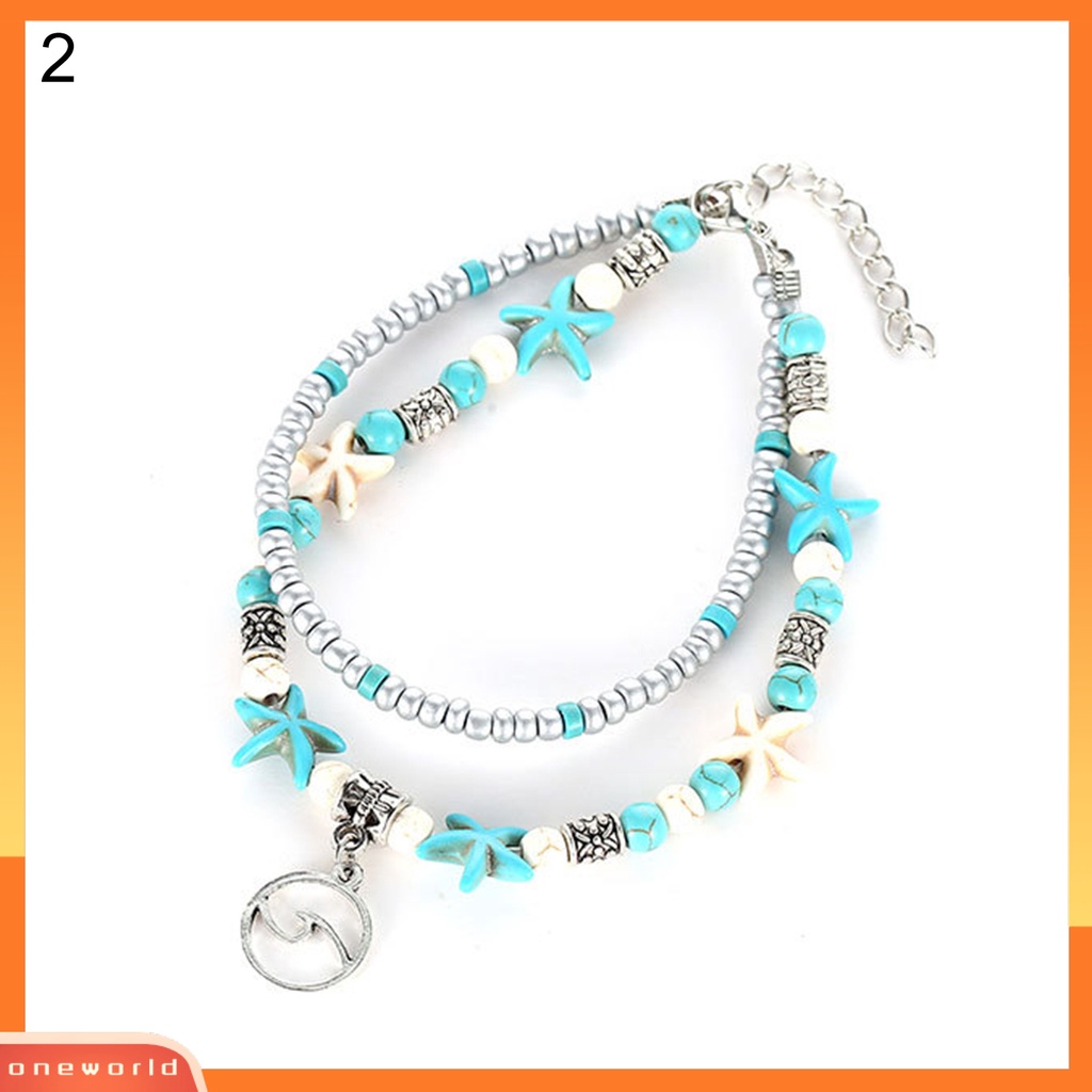 [WONE] Bintang Laut Double Layer Wanita Gelang Kaki Alloy Bohemia Beads Adjustable Foot Rantai Hawaii Perhiasan