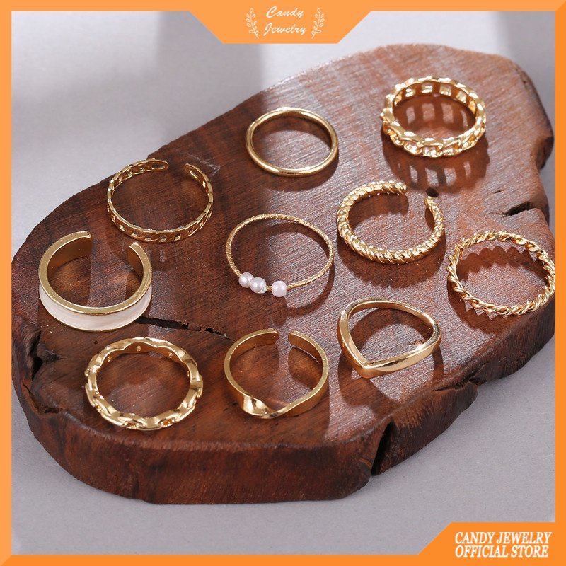 10pcs / Set Cincin Buku Jari Aneka Bentuk Warna Gold Untuk Wanita