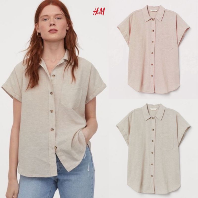 HM SHIRT LINEN SHORTSLEEVE - Atasan kemeja/blouse wanita lengan pendek