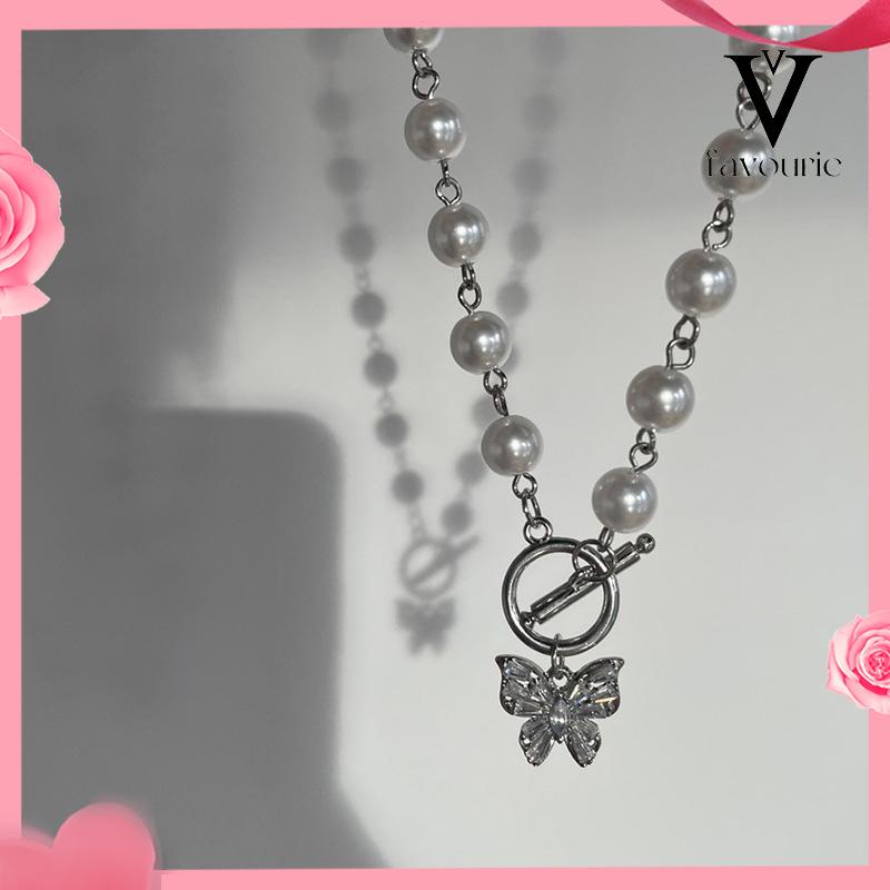 CODFashion Mutiara Manik-manik Kalung Elegan Kupu-kupu Liontin Klavikula Kalung Aksesoris Wanita-FA